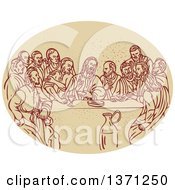 Sketched Scene Of The Last Supper With Jesus And The Apostles In An Oval