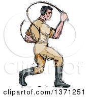 Poster, Art Print Of Sketched Male Lion Tamer Cracking A Bullwhip