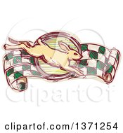 Sketched Rabbit Leaping Over A Racing Flag Banner