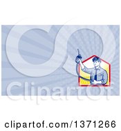 Retro Gas Station Attendant Jockey Holding Up A Nozzle And Rays Background Or Business Card Design