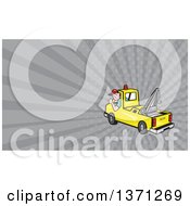 Poster, Art Print Of Cartoon Tow Truck And Driver And Gray Rays Background Or Business Card Design