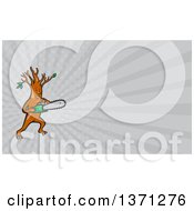 Happy Arborist Tree Holding A Saw And Gray Rays Background Or Business Card Design