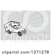 Cartoon Ambulance Driver Waving And Gray Rays Background Or Business Card Design