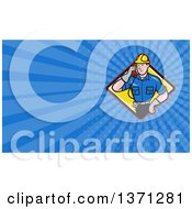 Cartoon White Telephone Service Repair Man Holding A Receiver And Blue Rays Background Or Business Card Design