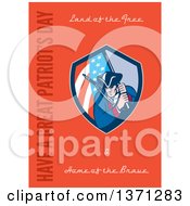 Greeting Card Design With An American Patriot With Rifle And Flag And Land Of The FreeHome Of The Brave Have A Great Patriots Day Text On Orange