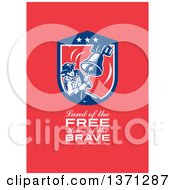 Poster, Art Print Of Greeting Card Design With An American Patriot Ringing Liberty Bell Land Of The Free Home Of The Brave Have A Great Patriots Day Text On Red