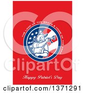 Greeting Card Design With An American Calvary Soldier Blowing A Bugle And The Land Of The BraveHome Of The Free Happy Patriots Day Text On Red