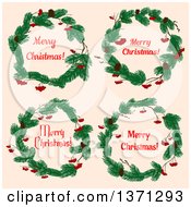 Clipart Of Merry Christmas Greetings In Wreaths With Berries And Pinecones Over Beige Royalty Free Vector Illustration