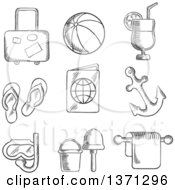 Poster, Art Print Of Black And White Sketched Luggage Beach Ball Cocktail Drink Thongs Ticket Passport Anchor Snorkeling Bucket And Spade