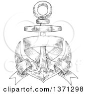 Clipart Of A Black And White Sketched Anchor With A Blank Ribbon Banner Royalty Free Vector Illustration