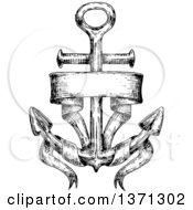 Clipart Of A Black And White Sketched Anchor With A Blank Ribbon Banner Royalty Free Vector Illustration