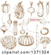 Clipart Of Brown Sketched Vegetables Royalty Free Vector Illustration