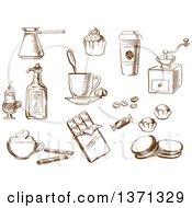 Clipart Of Brown Sketched Coffee And Desserts Royalty Free Vector Illustration
