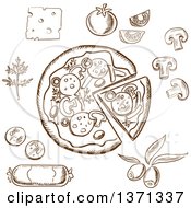 Clipart Of Brown Sketched Pizza And Ingredients Royalty Free Vector Illustration
