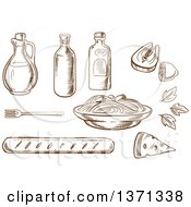 Clipart Of A Brown Sketched Spaghetti Sauce And Basil Encircled By Bottles Of Olive Oil Tomato And Mustard Sauces Fork Cheese Ciabatta Bread And Salmon Fish With Lemon Royalty Free Vector Illustration
