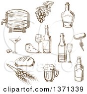 Poster, Art Print Of Brown Sketched Wine And Foods
