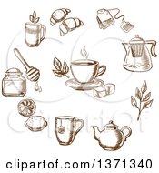 Clipart Of Brown Sketched Tea And Goods Royalty Free Vector Illustration