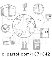 Poster, Art Print Of Black And White Sketched Ardboard Boxes With Packaging Symbols Order List And Clock With Globe And Caption Shipping Below