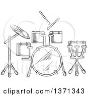 Clipart Of A Black And White Sketched Drum Set Royalty Free Vector Illustration