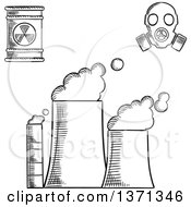 Black And White Sketched Power Plant Radioactive Waste And Gas Mask