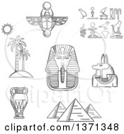 Black And White Sketched Giza Pyramids Pharaoh Golden Mask Ancient Hieroglyphics Scarab Amulet Anubis God Amphora And Beach Landscape Of Palm Trees With Sun