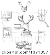 Poster, Art Print Of Black And White Sketched Business Achievement Management Creative And Success Sketch Icons With Human Hand Trophy Cup Flag Money Chart Notebook Monitor Medal And Magnifying Glass