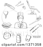 Black And White Sketched Dentist In Glasses Dental Equipment And Hygiene Icons With Toothy Smile Chair Tooth Implant Floss Brace Pills Toothbrush And Toothpaste