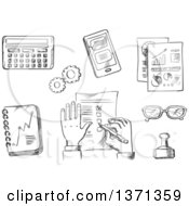 Poster, Art Print Of Black And White Sketched Businessman Completing A Check List Surrounded By Analytical Charts Calendar Hand Stamp Eyeglasses Notebook Calculator And Tablet