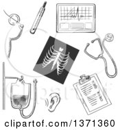 Black And White Sketched Chest X-Ray Thermometer Blood Test Stethoscope Hearing Test Ecg Breast Cancer Test And Clipboard With Monitoring Results