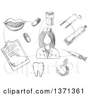 Black And White Sketched Nurse Surrounded By Apple Notebook Tablets Mouth With Braces Tooth Instruments And Toothpaste