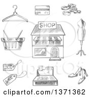 Poster, Art Print Of Black And White Sketched Central Store Front Surrounded By A Till Sale Price Basket Hanger Credit Card Cash Mannequin And Shoes