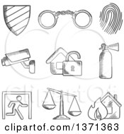 Poster, Art Print Of Black And White Sketched Security Shield  Handcuffs Thumb Print Surveillance Camera Padlock Fire Extinguisher Emergency Exit Scales Of Justice And Fire