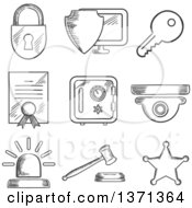 Poster, Art Print Of Black And White Sketched Padlock Computer Security Virus Certificate Key Police Alarm Gavel And Sheriff Star