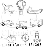 Poster, Art Print Of Black And White Sketched Airplane Hot Air Balloon Bus Truck Car Compass Helicopter Tanker And Space Ship