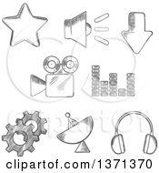 Poster, Art Print Of Black And White Sketched Satellite Sound Movie Gears Audio Star And Download Elements