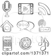 Poster, Art Print Of Black And White Sketched Microphone Wi-Fi Web Film Video Tablet Network And Music Notes