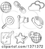 Poster, Art Print Of Black And White Sketched Social Media Search Zoom Note Globe Phone Cloud Link And Popular Elements