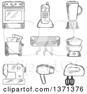 Poster, Art Print Of Black And White Sketched Oven Telephone Liquidizer Toaster Heater Steamer Sewing Machine Hairdryer And Egg Beater