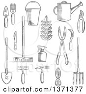 Black And White Sketched Garden Trowel Knife Fork Shears Rake Scissors Spray Bottle Weeding Hoe Sickle And Watering Can