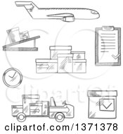 Poster, Art Print Of Black And White Sketched Airplane Conveyor Cardboard Boxes With Packaging Symbols Airport Truck Clock And Clip Board With Order List