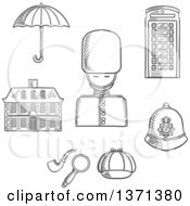 Black And White Sketched British Guard Soldier Telephone Booth Police Helmet Detective Cap Pipe And Magnifier Umbrella And Old Building