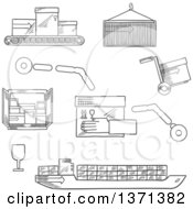 Poster, Art Print Of Black And White Sketched Cargo Ship Containers Hand Truck And Conveyor Belt With Post Boxes