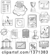 Black And White Sketched Computer Report Financial Charts Graph Smartphone Letter And Delivery Box Bank Rubber Stamp And Calculator Wall Clock And Hourglass Printer Percent Symbol And Gear
