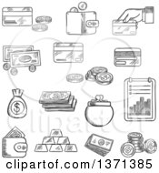 Poster, Art Print Of Black And White Sketched Dollar Bills And Golden Coins Stack Of Gold Bars Wallet Money Bag Bank Credit Cards And Financial Report