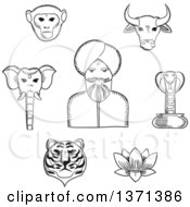 Poster, Art Print Of Black And White Sketched Indian Man In Turban With Holy Cow Elephant Cobra Monkey Lotus Tiger For Travel Design Usage
