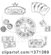Poster, Art Print Of Black And White Sketched Roulette Wheel Dice Playing Cards Gambling Chips Dollar Bills Casino Sign Board With Golden Crown And Slot Machine With Triple Seven