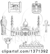 Poster, Art Print Of Black And White Sketched Cairo Mosque Pharaoh Mummy Desert Landscape With Pyramids And Sea Sacred Lotus Flower Papyrus With Hieroglyphics Eagle Emblem And Ankh Symbol