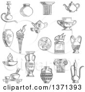 Black And White Sketched Ancient Torch Stone Fire Bowls Amphora Copper And Ceramic Teapots Oil Lamp Hookah Pipe Tea Services Vases Jug And Plates