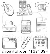 Poster, Art Print Of Black And White Sketched Files Calculator Printer Paper Clip Documents Calendar Computer Mouse And Telephone