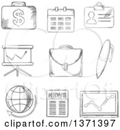 Poster, Art Print Of Black And White Sketched Money Calendar Briefcase Reports Computer Pen Globe Financial News And Analytical Graphs